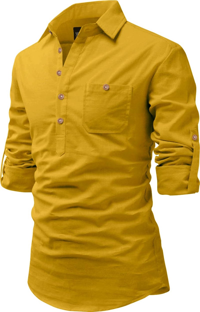 Univibe Men Cotton Full Sleeve Casual, Slim Fit Shirt Style Short Kurta With Pocket (Yellow, 44), 2XL - Image 1