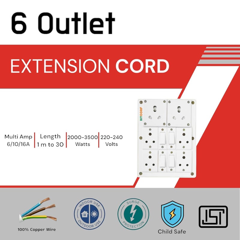 BITCORP Bitcorp Extension Box 6A 16A 20A Amp 6 Way Multi Plug and 4 Switch 2500W 20 Meter Long Length Cable Cord Compatible with Ac Refrigerator Washing Machine Microwave and Heavy Appliances White  - Image 2