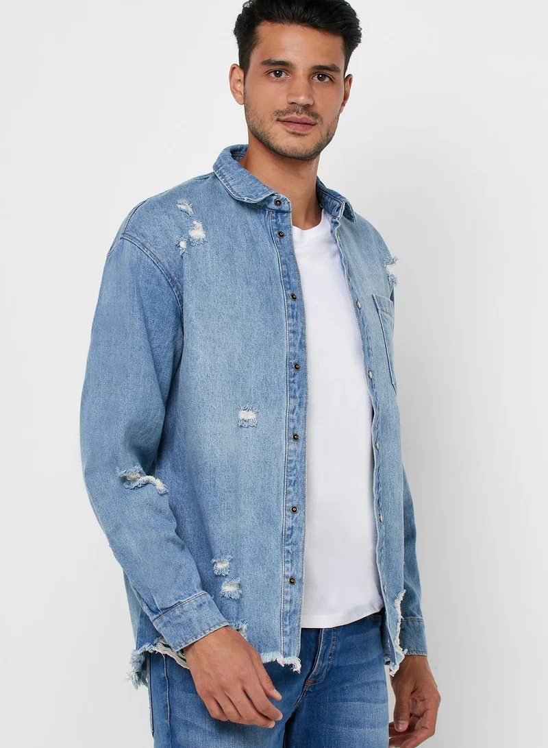 FOREVER 21 Distressed Regular Fit Denim Shirt