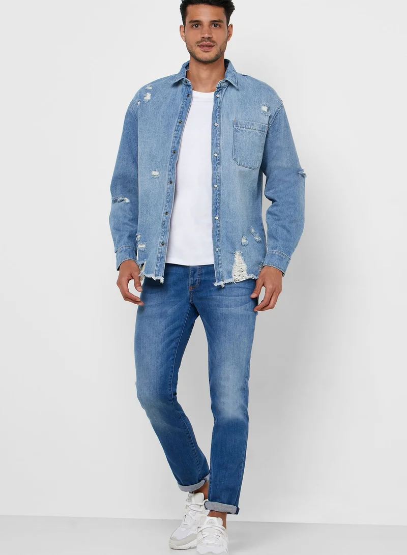 FOREVER 21 Distressed Regular Fit Denim Shirt