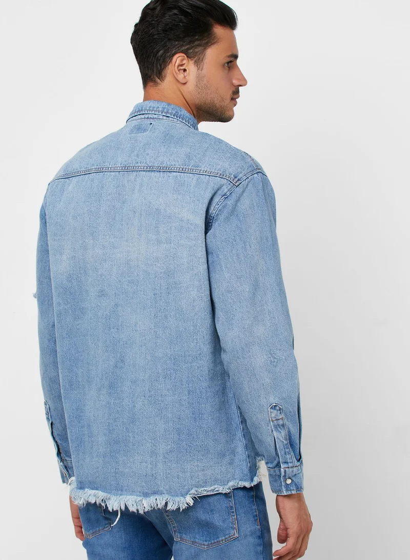FOREVER 21 Distressed Regular Fit Denim Shirt