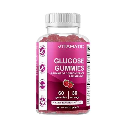 Vitamatic Glucose chewable Gummies - 60 Count - Natural Raspberry Flavor - 4G of Carbohydrate per Serving (1 Bottle) - Image 1