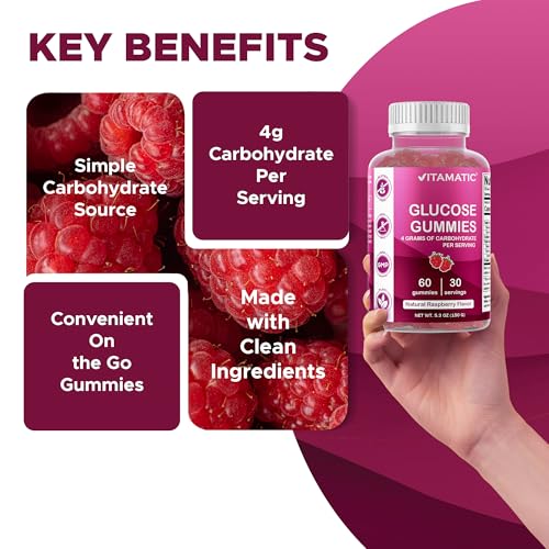 Vitamatic Glucose chewable Gummies - 60 Count - Natural Raspberry Flavor - 4G of Carbohydrate per Serving (1 Bottle) - Image 5