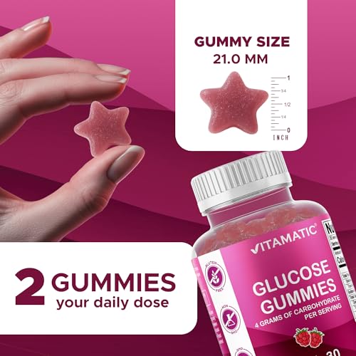 Vitamatic Glucose chewable Gummies - 60 Count - Natural Raspberry Flavor - 4G of Carbohydrate per Serving (1 Bottle) - Image 3
