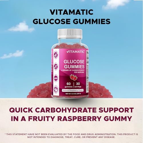 Vitamatic Glucose chewable Gummies - 60 Count - Natural Raspberry Flavor - 4G of Carbohydrate per Serving (1 Bottle) - Image 4