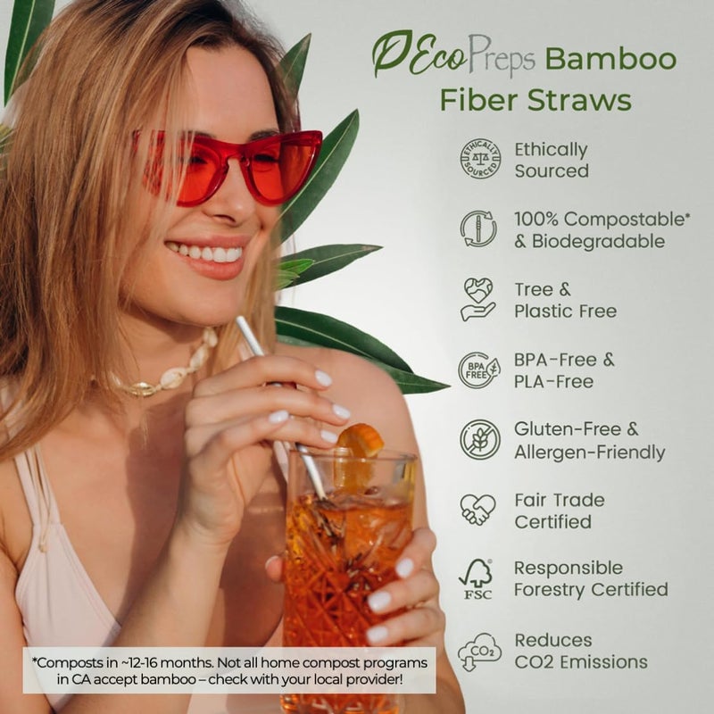 EcoPreps Biodegradable Bamboo Fiber Straws | 300 Count, 100% Compostable, Plastic-Free, Eco-Friendly Drinking Straw | 7.8'' Plant Fiber Disposable Straws, White Straw | Durable for Warm & Cold Drinks - Image 2