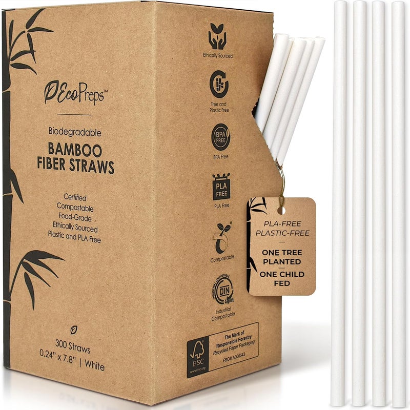 EcoPreps Biodegradable Bamboo Fiber Straws | 300 Count, 100% Compostable, Plastic-Free, Eco-Friendly Drinking Straw | 7.8'' Plant Fiber Disposable Straws, White Straw | Durable for Warm & Cold Drinks - Image 1