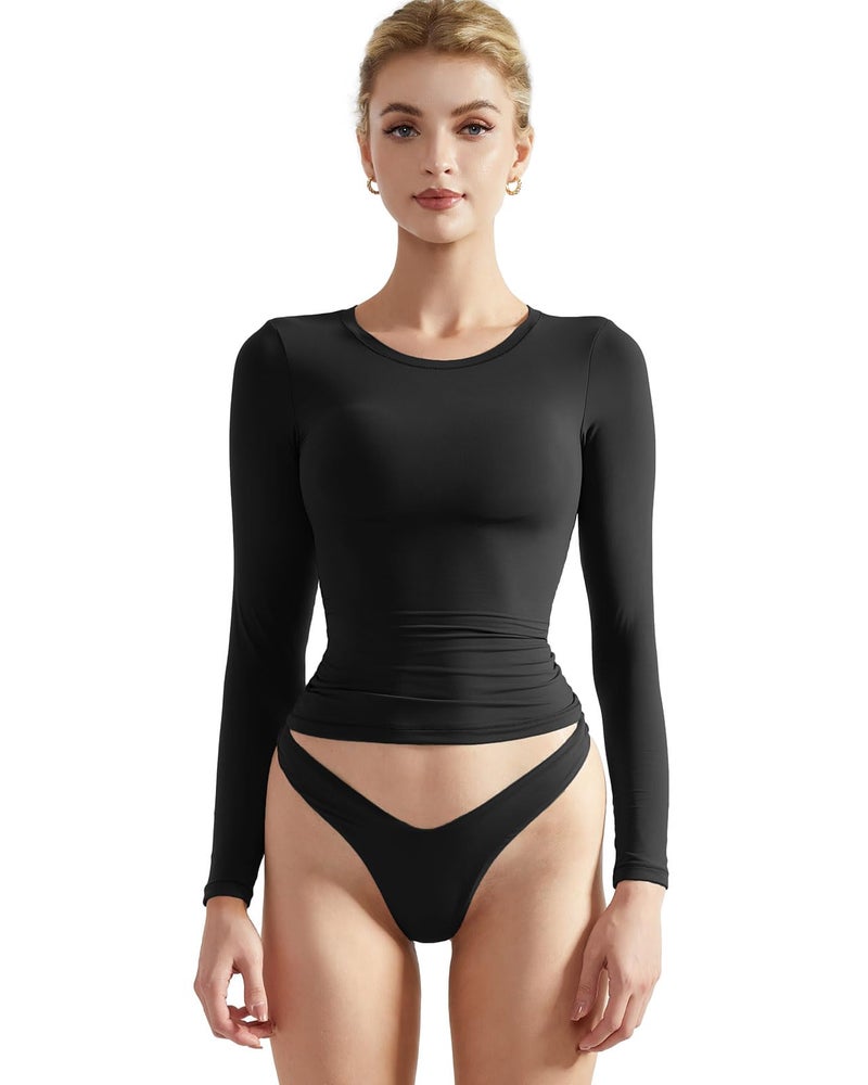 SUUKSESS Women Double Lined Fitted Basic Tee Shirts Crew Neck Long Sleeve Going Out Crop Tops (Jet Black, S) - Image 2