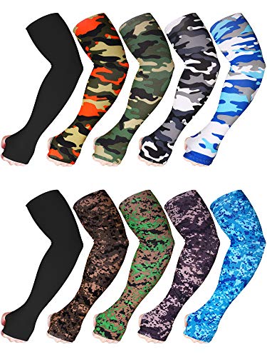 Bememo 10 Pairs Unisex Arm Sleeves for Men Women Elastic UV Protection Arm Cover Ice Silk Cooling Sleeves for Outdoor Driving(Camouflage, Black) - Image 1