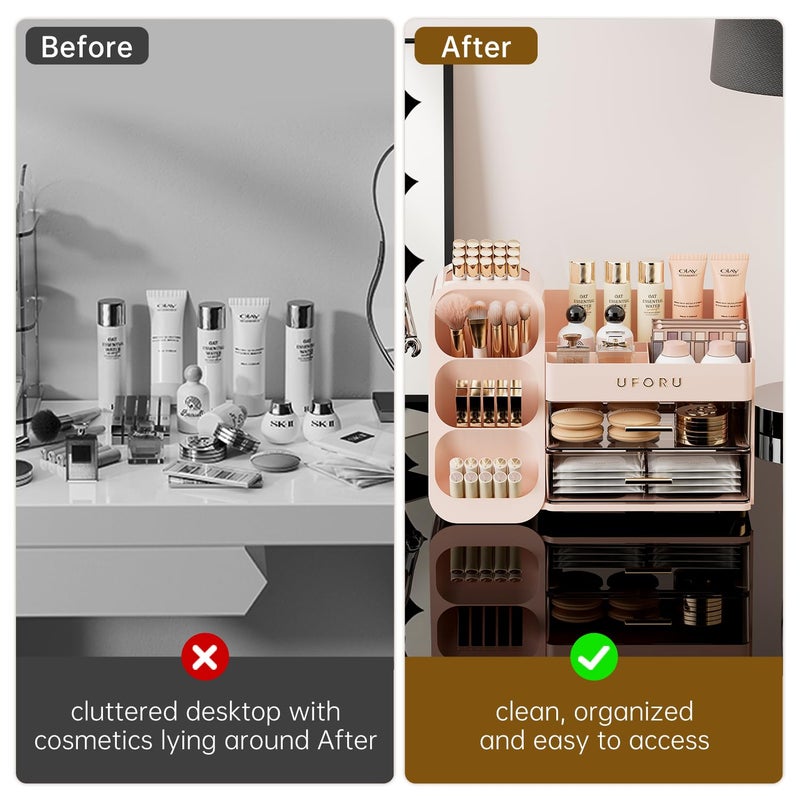 Uforu Makeup Organizer For Vanity Countertop Organizer With Drawers Spacious Cosmetic Display Case For Beauty Essential Skincare Lipstick Pink - Image 5