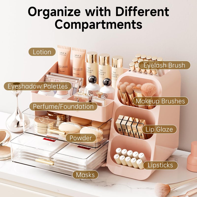 Uforu Makeup Organizer For Vanity Countertop Organizer With Drawers Spacious Cosmetic Display Case For Beauty Essential Skincare Lipstick Pink - Image 4