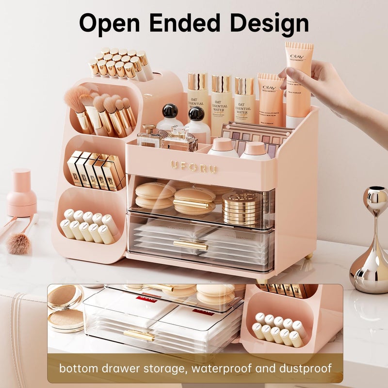 Uforu Makeup Organizer For Vanity Countertop Organizer With Drawers Spacious Cosmetic Display Case For Beauty Essential Skincare Lipstick Pink - Image 3