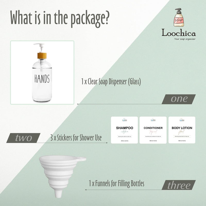 LOOCHICA Clear Glass Soap Bottle - Hands Free Dispenser for Kitchen or Bathroom - Image 2