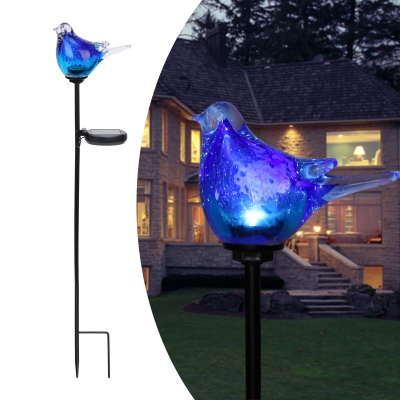 Afirst Solar Bluebird Garden Stake Lights  Hand Blown Glass Decorative Garden Pathway Lights Outdoor Waterproof Bird Glass Stakes