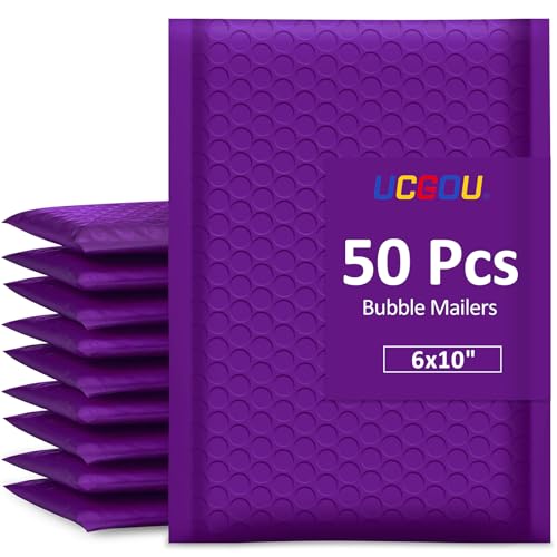 UCGOU أكياس البريد الفقاعية UCGOU 6x10 بوصة بنفسجي 50 حزمة أظرف مبطنة بولي صغيرة للأعمال التجارية حزم الشحن ذاتية الإغلاق مقاومة للماء لحقائب المجوهرات ومستحضرات التجميل #0 - Image 1