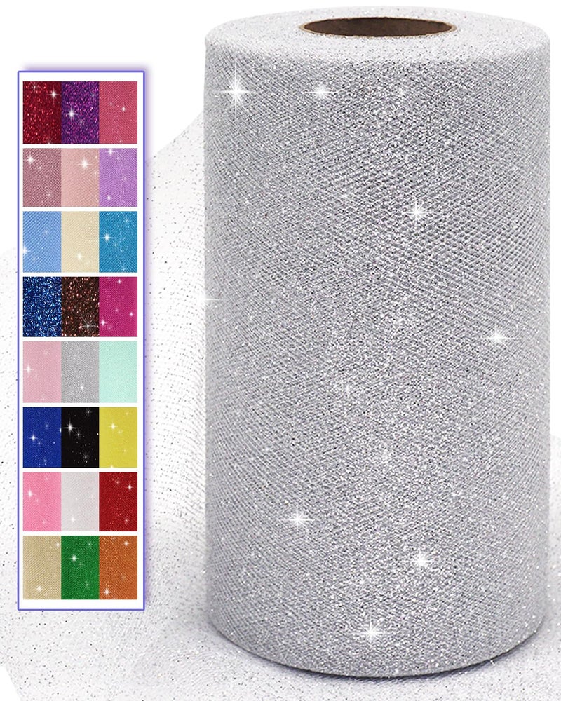 Ableme Deco Glitter Tulle Fabric Rolls, 6 Inch 50 Yards (150ft) Sparkling Spool Ribbon Sequin Netting for Tutu Skirt Gift Wrapping Wedding Party Decoration (Silver) - Image 1