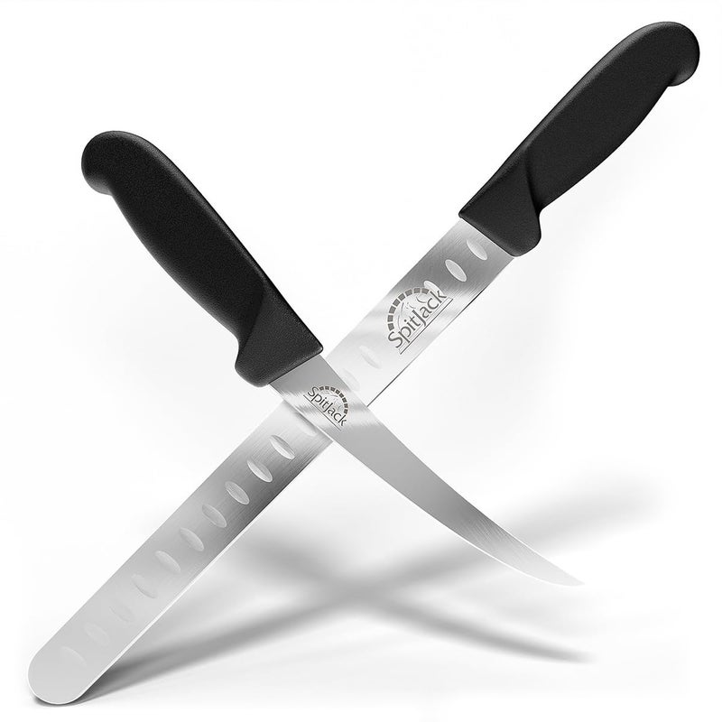 SPITJACK Smoked BBQ 6 Inch Curved Beef Brisket Trimming and Boning Knife and 11 Meat Slicing Knife Bundle Stainless Steel