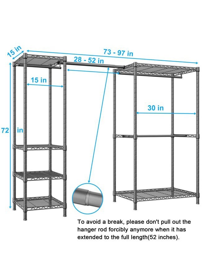 Ulif E10 Clothes Rack（With Stretchable Hanger Rod）Freestanding Clothing Racks for Hanging Clothes，Adjustable Closet Organizer System，Portable Garment Rack 73-97" W x 15" D x 72" H，Max Load 800LBS，Grey - Image 2