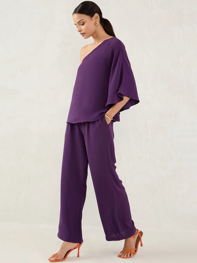 Femmella  Purple One Shoulder Top and Trousers Co-Ords for Women | Best Price UAE