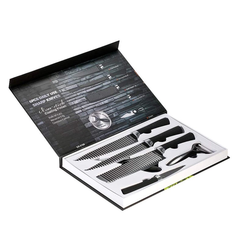 HARIVAR MART Stainless Steel Kitchen Knives SetNon Stick Coating BladesNon Slip HandleChef Knives Set for Kitchen Restaurant6 in 1 Knife Set Scissors PeelerBlack - Image 2