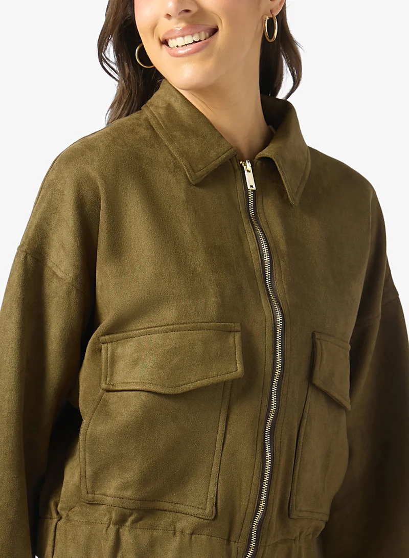 Ginger  Suede Zip Up Utility Jacket for Women | Best Price UAE