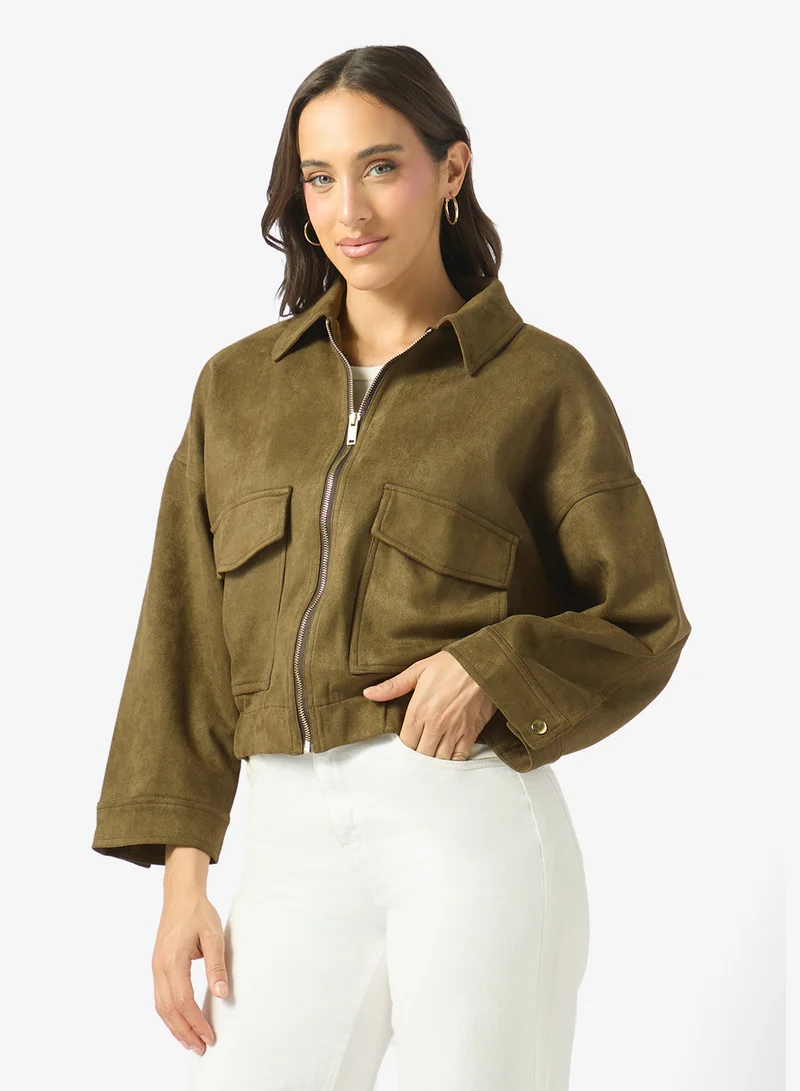 Suede Zip Up Utility Jacket