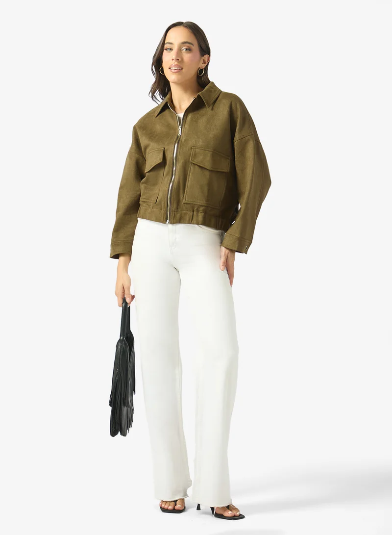 Ginger  Suede Zip Up Utility Jacket for Women | Best Price UAE