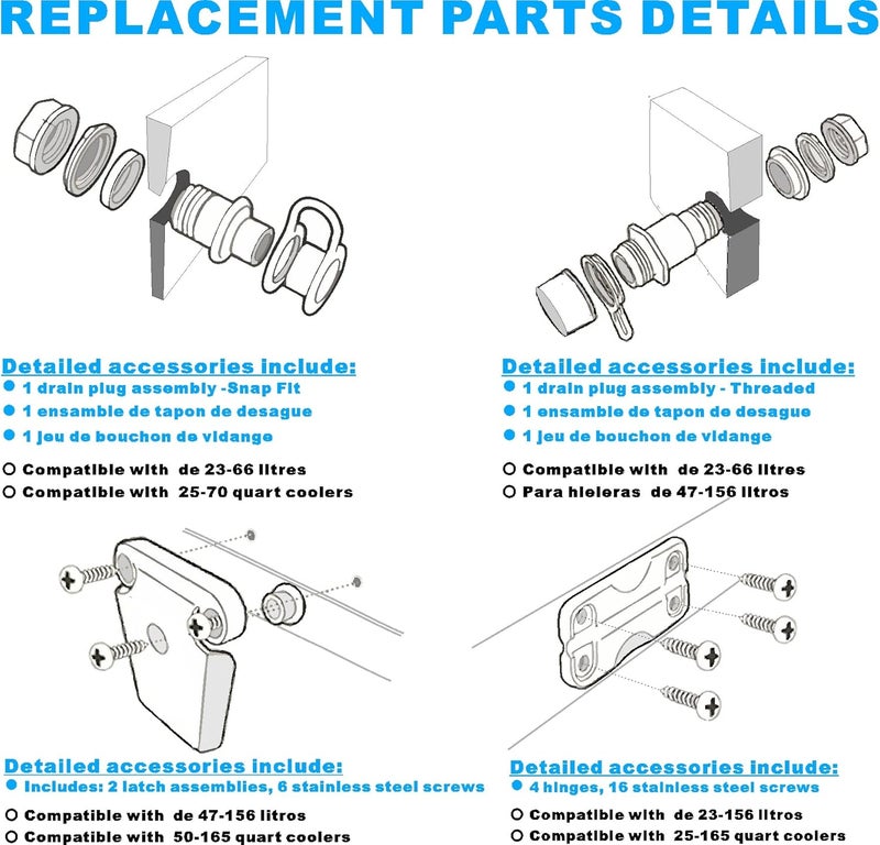 PICEBOM Cooler Replacement Parts Kit, Ice Chest Plastic Hinges, Latch Posts, Threaded, and Triple-Snap Drain Plug. Compatible With Igloo Cooler. Option for Repairing and Replacing Multiple Cooler Parts. - Image 5