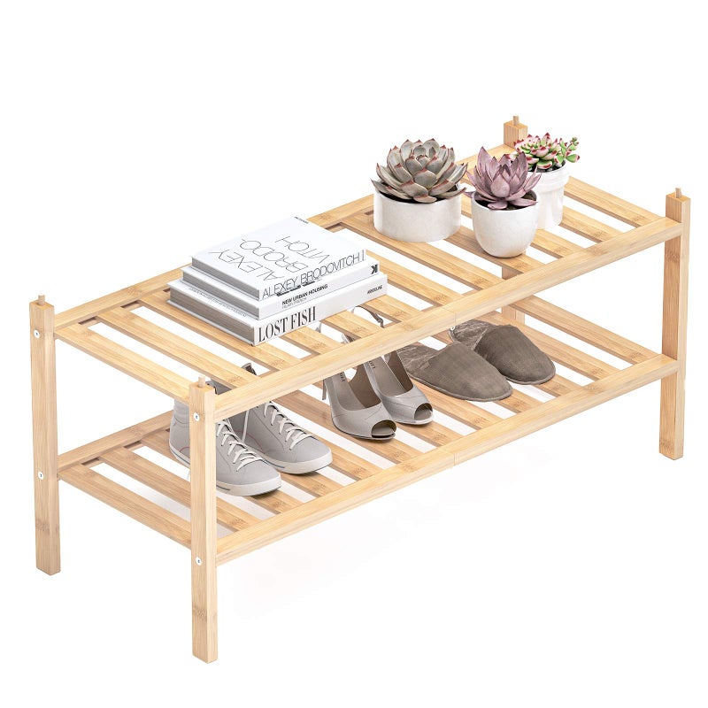 Dranixly Shoe Rack, 2-Tier Bamboo Stackable Shelf Storage Organizer, Stand for Closet, Entryway, Hallway, Bathroom and Living Roomï¼ˆNaturalï¼‰ - Image 1