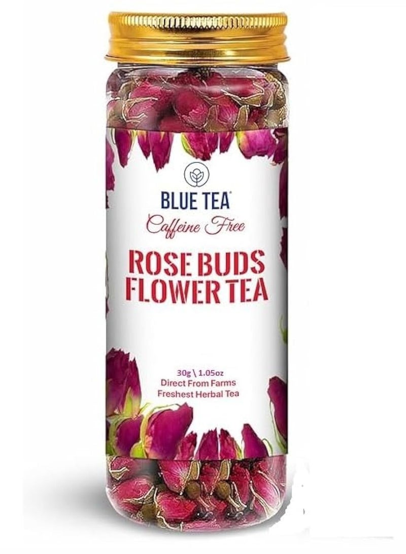 BLUE TEA - Rose Buds Tea - 30gm - 30 Cups | RICH VITAMIN-C | Beautiful Hair & Skin - Caffeine Free - 100% Natural - Flower Based - Herbal Tea - Non-GMO | Featured In Shark Tank | Pet Jar Pack - Image 1