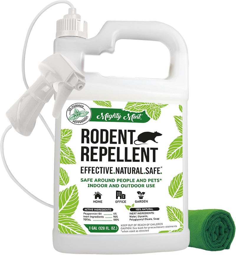 Mighty Mint Peppermint Oil Rodent Repellent Spray with Microfiber Cloth – Natural Indoor & Outdoor Control for Mice and Rats – Plant-Based, Extra-Strong Formula - 1 Gallon (128 oz) - Image 1