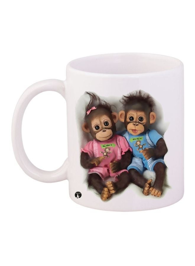 RYN Monkey Printed Coffee Mug White/Blue/Pink 11ounce
