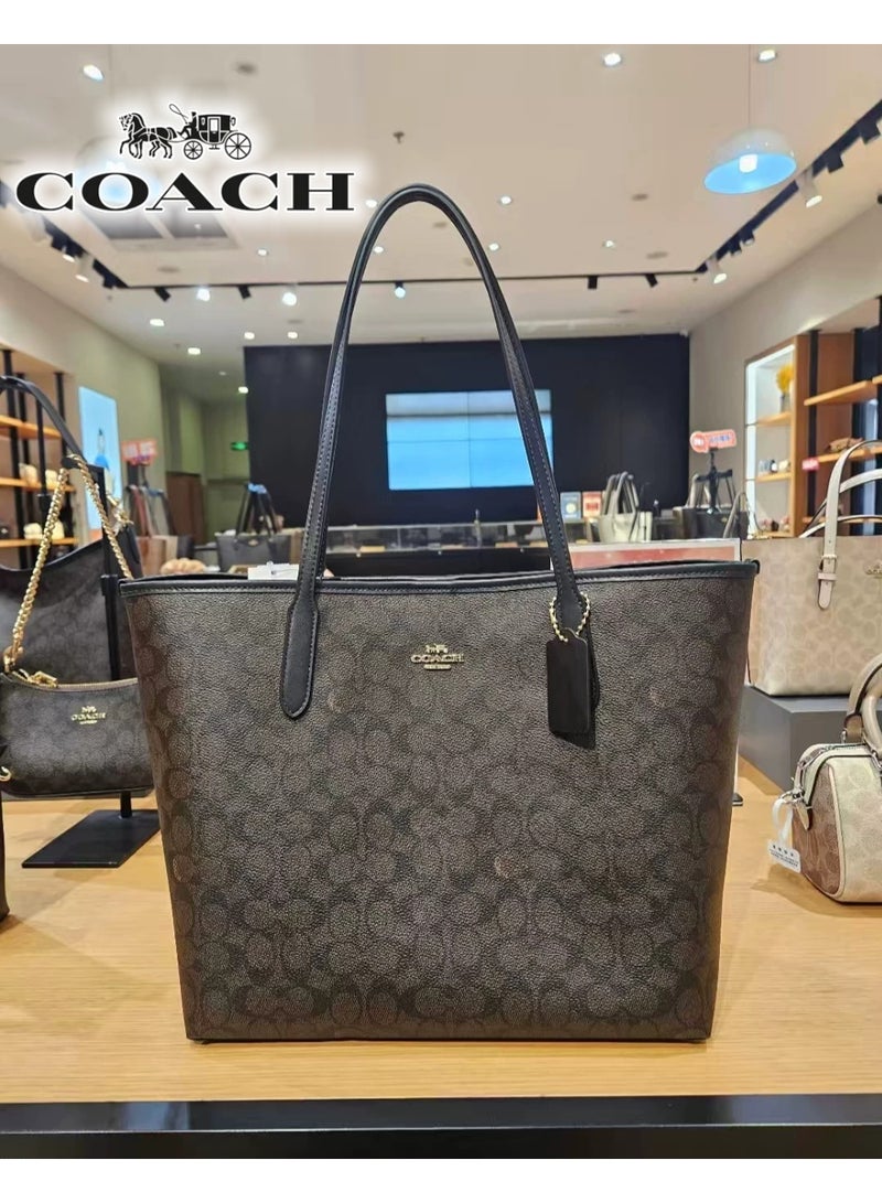 coachoutlet Coach City Tote Bag In Signature Canvas, Women's Cross Body Bag, Women's Hand Bag, Women's Shoulder Bag, Women's Travel Bag, Walnut-BlacK - Image 1