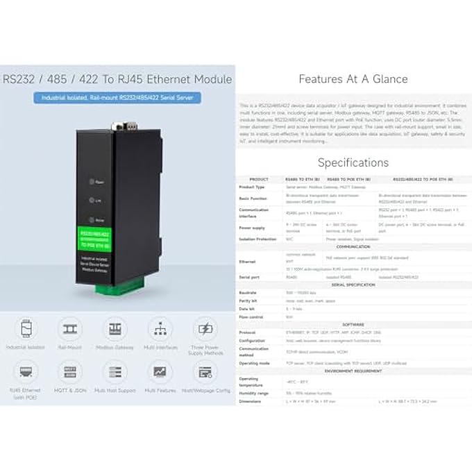 rayihni RS232/485/422 SERIAL SERVER, TO RJ45 ETHERNET CONVERTER, TCP/IP TO SERIAIL MODBUS GATEWAY SUPPORT INDUSTRIAL ISOLATED RAIL-MOUNT RS232/485/422 SERIAL SERVER WITH POE FUNCTION MULTI COMMUNICATION MODES - Image 2