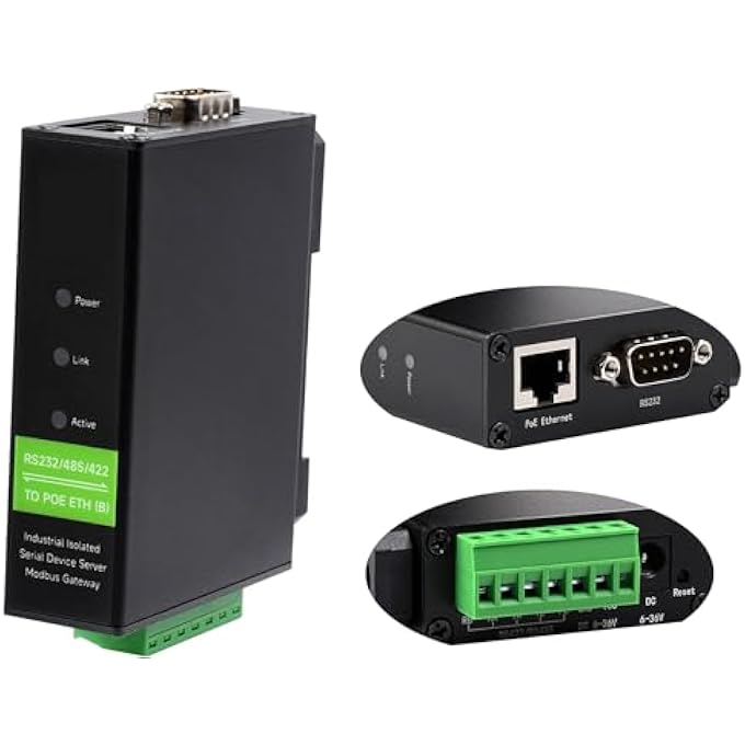 rayihni RS232/485/422 SERIAL SERVER, TO RJ45 ETHERNET CONVERTER, TCP/IP TO SERIAIL MODBUS GATEWAY SUPPORT INDUSTRIAL ISOLATED RAIL-MOUNT RS232/485/422 SERIAL SERVER WITH POE FUNCTION MULTI COMMUNICATION MODES - Image 1