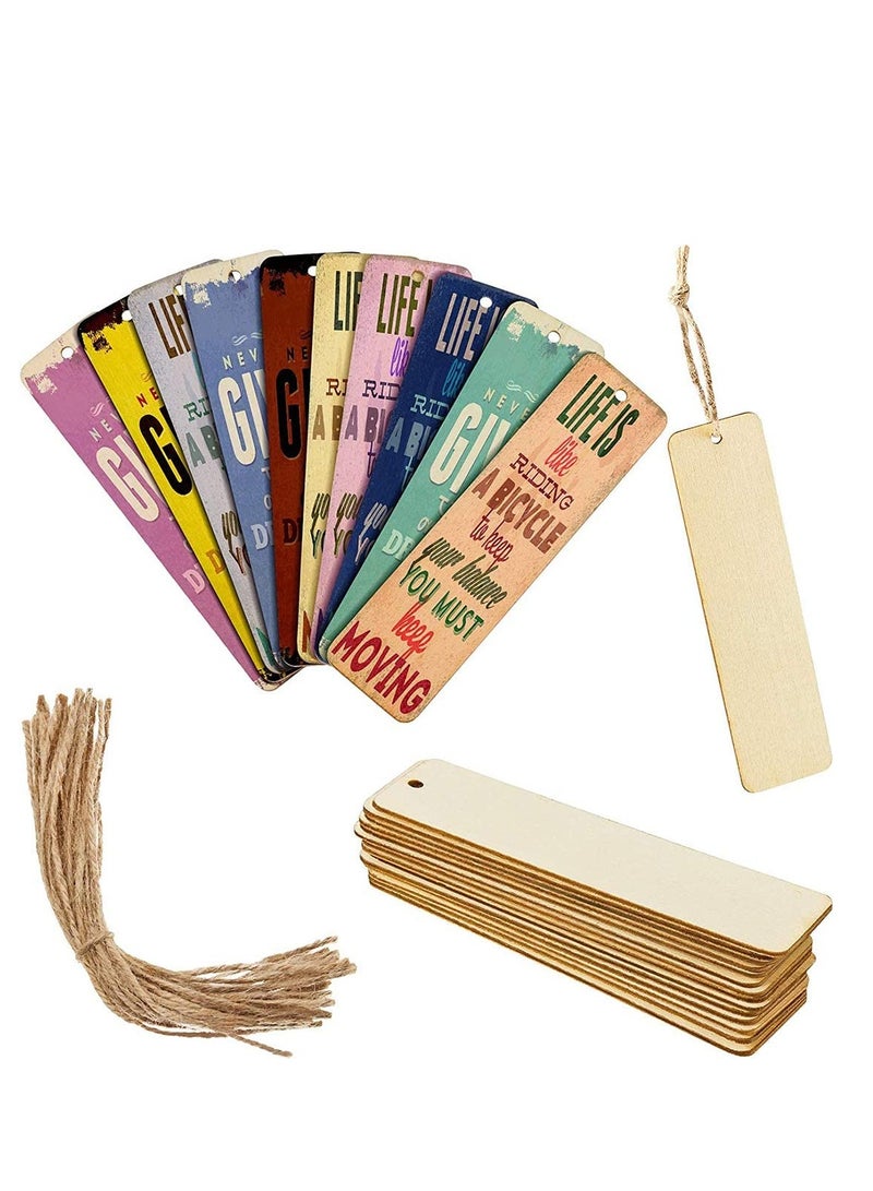 KASTWAVE Wood Blank Bookmarks DIY Wooden Craft Bookmark Unfinished Hanging Tags Rectangle Shape Blank Bookmark Ornaments with Holes and Ropes for Wedding Birthday Party Decor 24 - Image 1