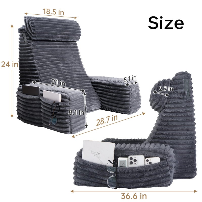 ENITYA Reading Pillow for Sitting in Bed Adult, 24in XXL Back Pillow for Bed Sitting up, Big Pockets & Built-in Arms, Back Support Chair Pillow for Watching TV/Reading/Gaming/Resting/Post Surgery,Grey - Image 4