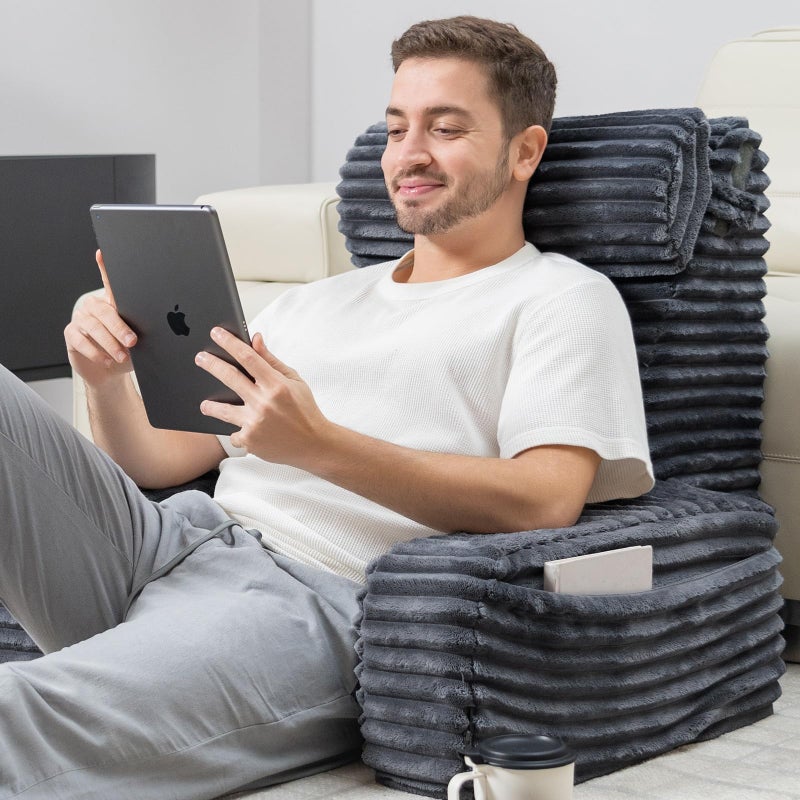 ENITYA Reading Pillow for Sitting in Bed Adult, 24in XXL Back Pillow for Bed Sitting up, Big Pockets & Built-in Arms, Back Support Chair Pillow for Watching TV/Reading/Gaming/Resting/Post Surgery,Grey - Image 1