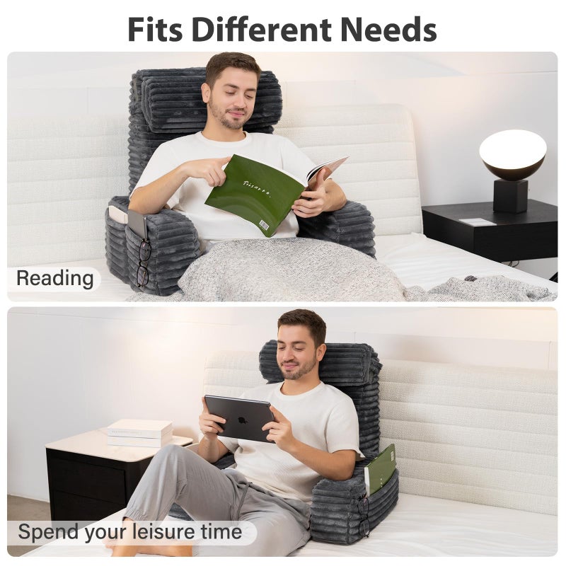 ENITYA Reading Pillow for Sitting in Bed Adult, 24in XXL Back Pillow for Bed Sitting up, Big Pockets & Built-in Arms, Back Support Chair Pillow for Watching TV/Reading/Gaming/Resting/Post Surgery,Grey - Image 5