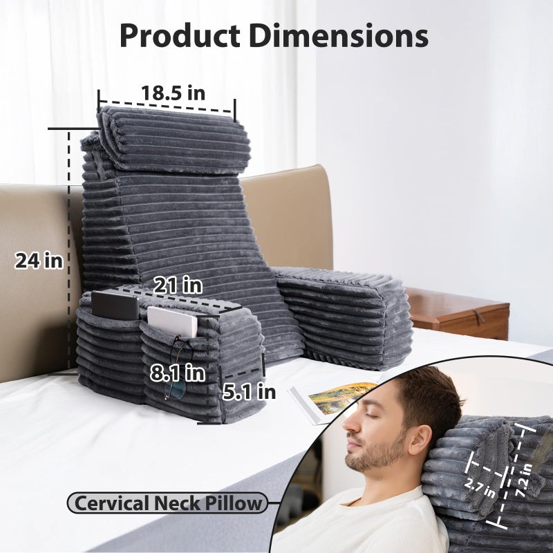 ENITYA Reading Pillow for Sitting in Bed Adult, 24in XXL Back Pillow for Bed Sitting up, Big Pockets & Built-in Arms, Back Support Chair Pillow for Watching TV/Reading/Gaming/Resting/Post Surgery,Grey - Image 2