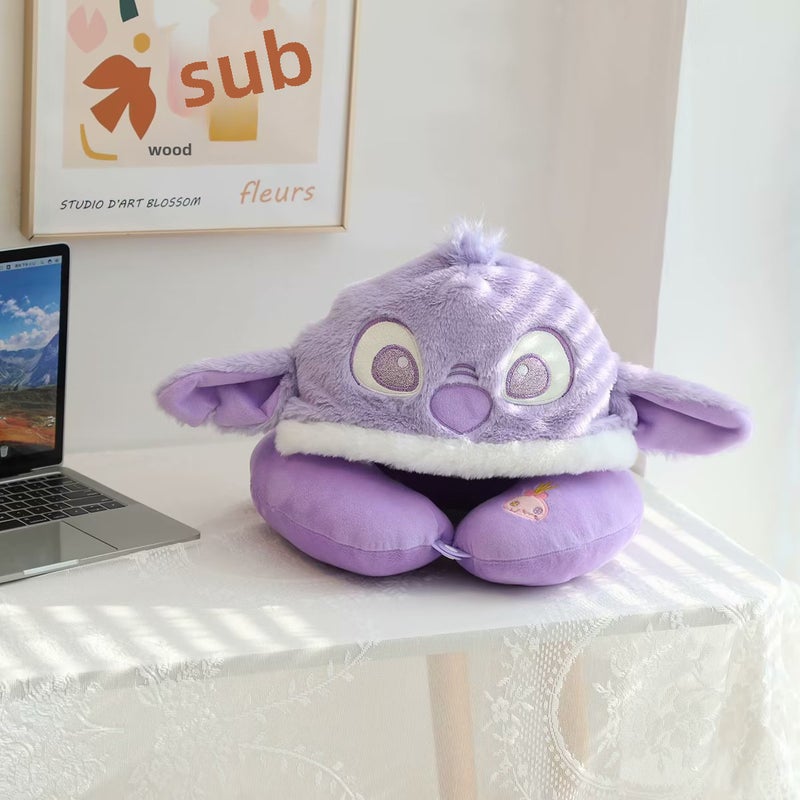 Cute Hooded Neck Pillow for Travel and Office Purple stitch