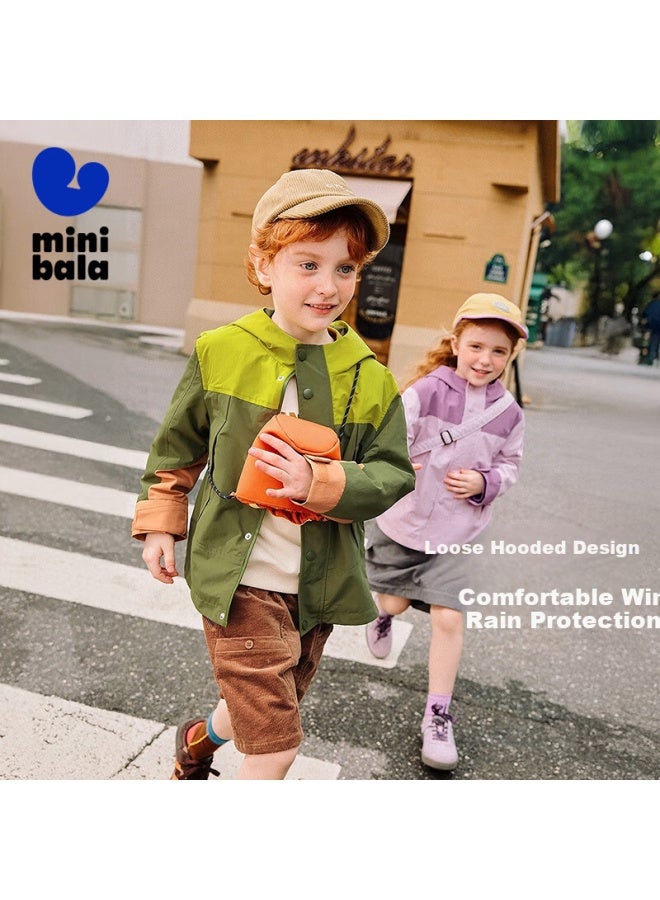 Minibala Kids Soft Leather Hooded Jacket Waterproof Windproof Outdoor Coat Spring For Boys And Girls - Image 1