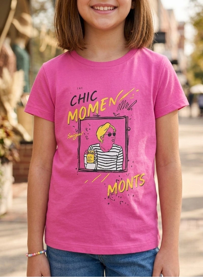 Girls 100% Premium Cotton Graphic Printed T Shirt Casual Short Sleeve Crew Neck Tee Soft Breathable Summer Top for Kids Fashion Comfortable Everyday Wear School Outdoor Travel Vibrant Fuchsia Pink - Image 1