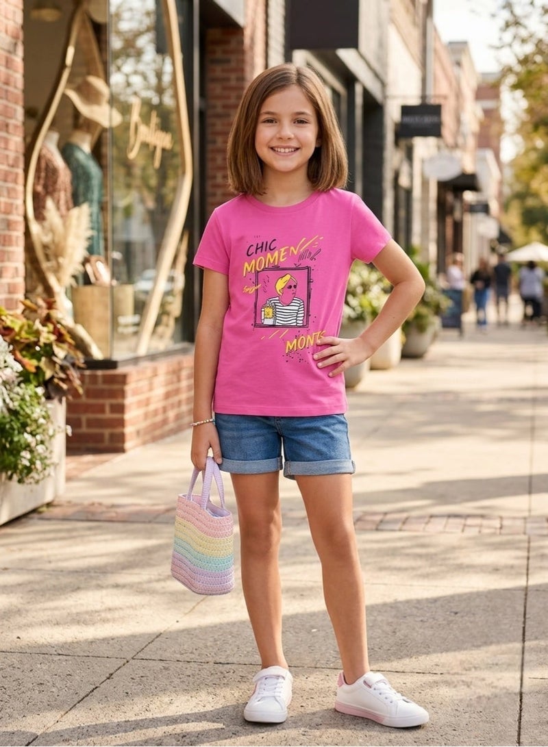 Girls 100% Premium Cotton Graphic Printed T Shirt Casual Short Sleeve Crew Neck Tee Soft Breathable Summer Top for Kids Fashion Comfortable Everyday Wear School Outdoor Travel Vibrant Fuchsia Pink - Image 3