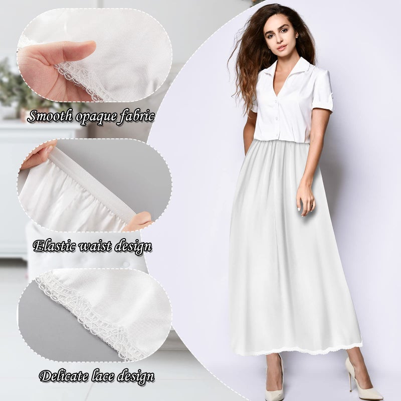 Jadive Women's Satin Half Slip Lace Long Underskirt Skirt Slip Long Slips for Dresses Lingerie Skirt(S,White) - Image 3