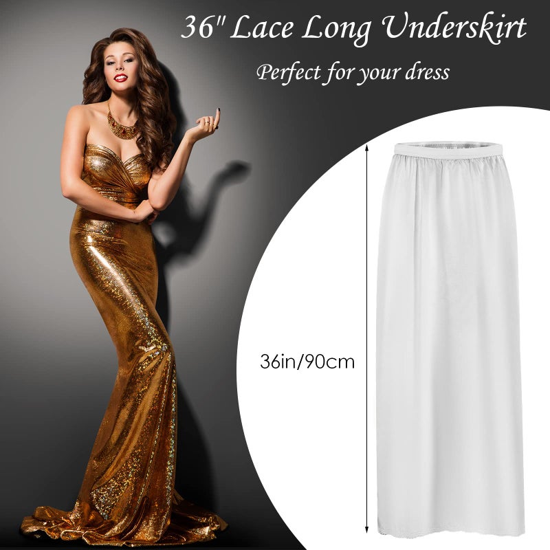 Jadive Women's Satin Half Slip Lace Long Underskirt Skirt Slip Long Slips for Dresses Lingerie Skirt(S,White) - Image 2