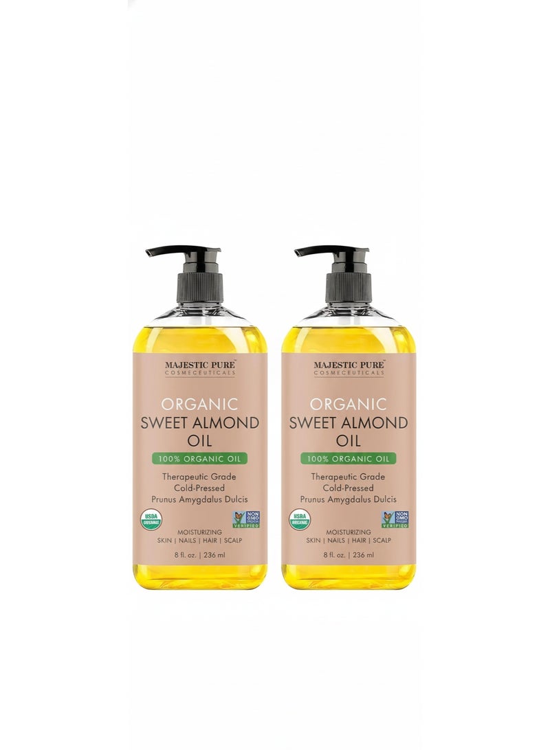 ماجستيك بيور Pack of 2 Organic Sweet Almond Body Oil | Large 236 ml | 100% Pure & Natural Cold Pressed Oil Sweet Almond Oil for Skin, Face, Nails, Hair, Scalp & Massage | 236 ml - Image 1