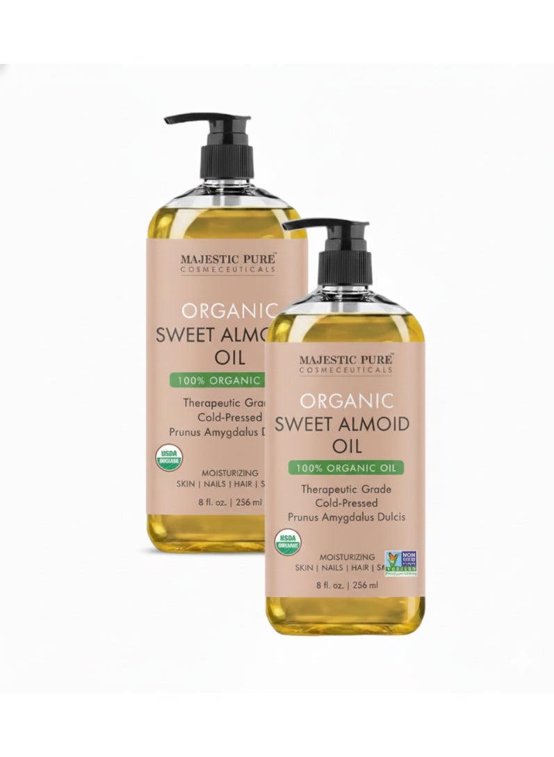 Majestic Pure Pack of 2 - Organic Sweet Almond Body Oil | Large 236 ml | 100% Pure & Natural Cold Pressed Oil Sweet Almond Oil for Skin, Face, Nails, Hair, Scalp & Massage | 236 ml - Image 1