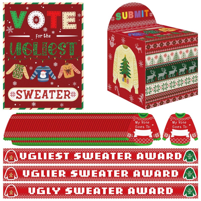 Rtteri 65 Pcs Ugly Sweater Party Voting Cards Sets with Ugly Sweater Contest Ballot Box 60 Voting Cards and 3 Sweater Award Sashes for Winter Xmas Party Game Decorations Office Holiday Party Supplies - Image 3
