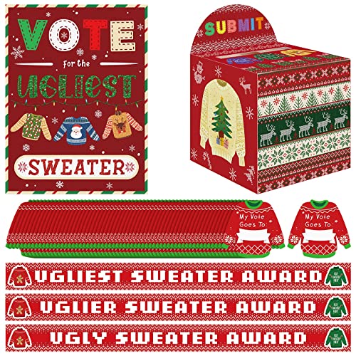 Rtteri 65 Pcs Ugly Sweater Party Voting Cards Sets with Ugly Sweater Contest Ballot Box 60 Voting Cards and 3 Sweater Award Sashes for Winter Xmas Party Game Decorations Office Holiday Party Supplies - Image 1